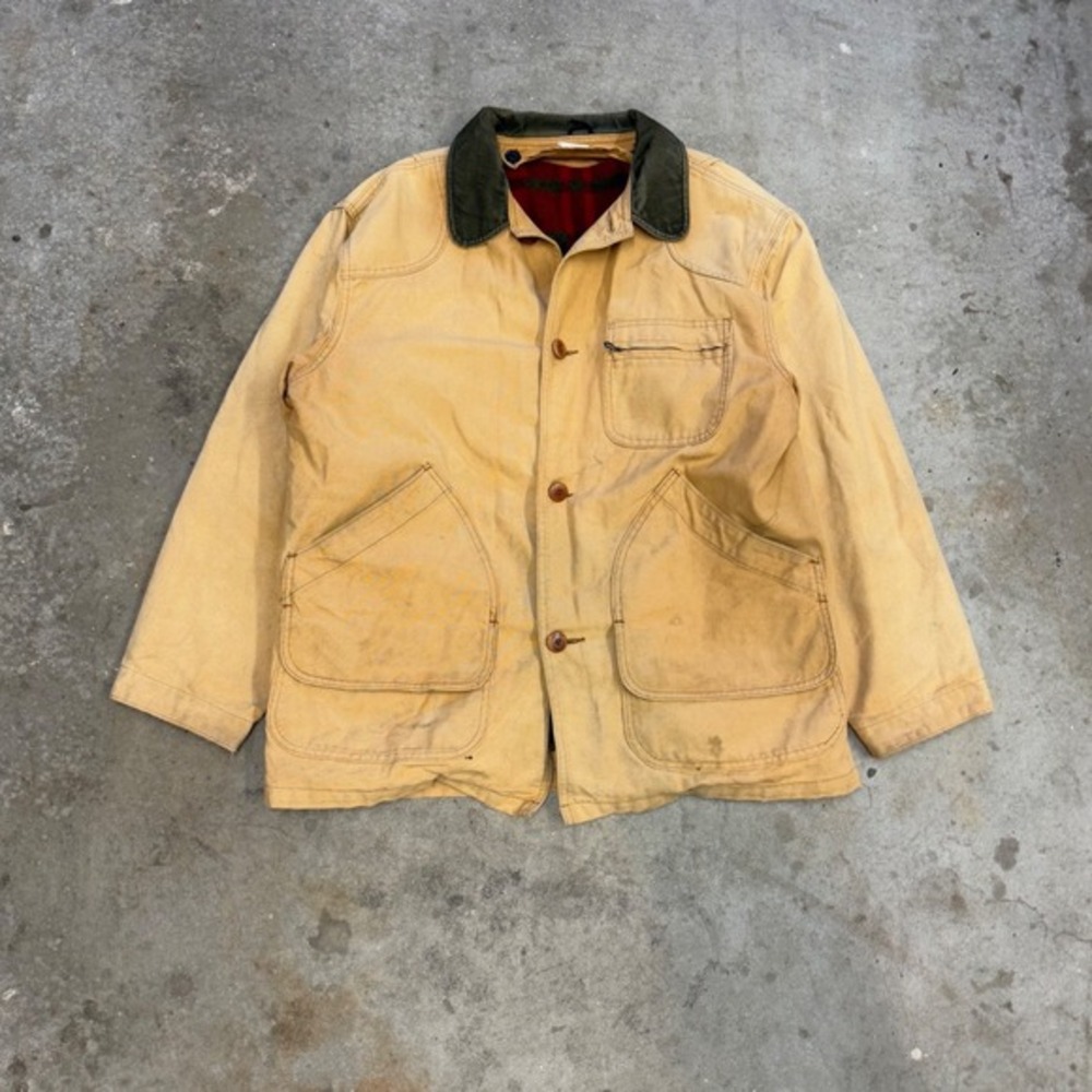 Vintage LL Bean Hunting Field Jacket Tan Duck Canvas Plaid‎ Lined Mens Large
